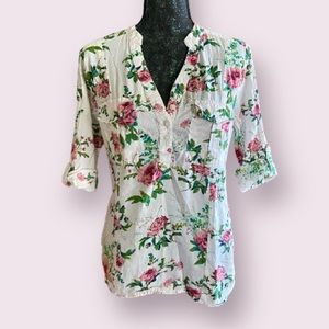 Eden & Olivia Button-Down Sheer Floral Top in White